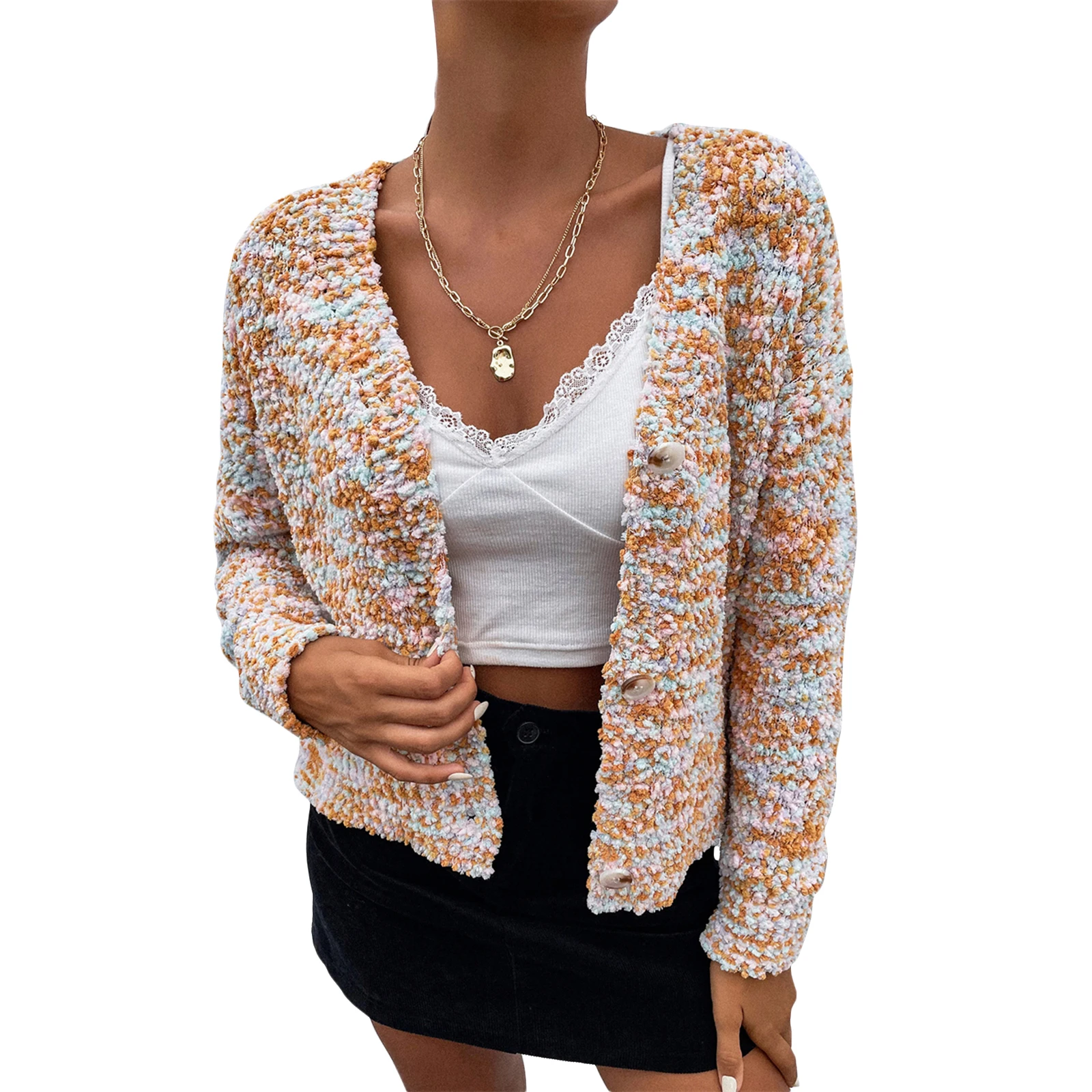 

2021 New Women Casual Long Sleeve Cardigan Fashion Tie-dye Short Style Single-breasted Knitted Coat