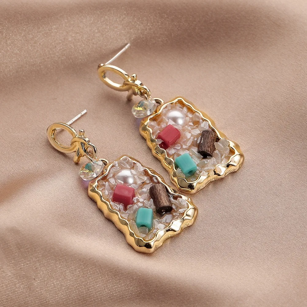 

Fashion Conspicuous Retro Pearl Color Diamond Colorful Gravel Earrings Square Earrings Party Jewelry Beautiful Gift Wholesale