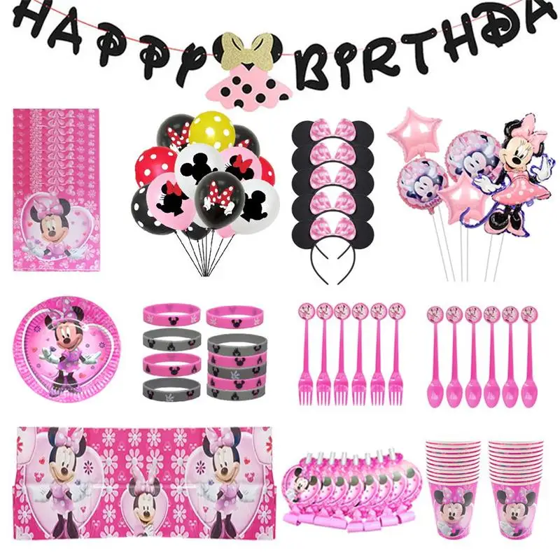 

122pcs Disney Pink Minnie Mouse Party Supplies Sets Disposable Tableware Cups Plates Balloons Kids Girls Birthday Decoration Set