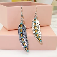rongyu palace retro style turquoise feather earrings 2020 new electroplated ancient silver color separation earrings