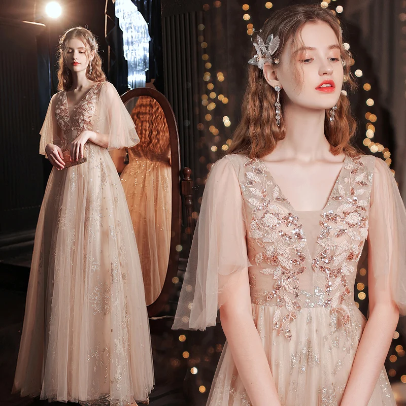 

Fashion Golden Beaded Lotus Leaf Sleeves Party Evening Birthday Summer Long Dresses for Women