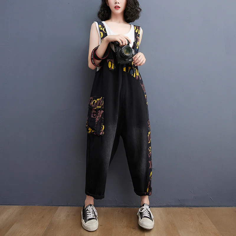 #2387 Black White Rompers Womens Jumpsuit Ankle-length Loose Spliced Color Denim Overalls For Women Harem |