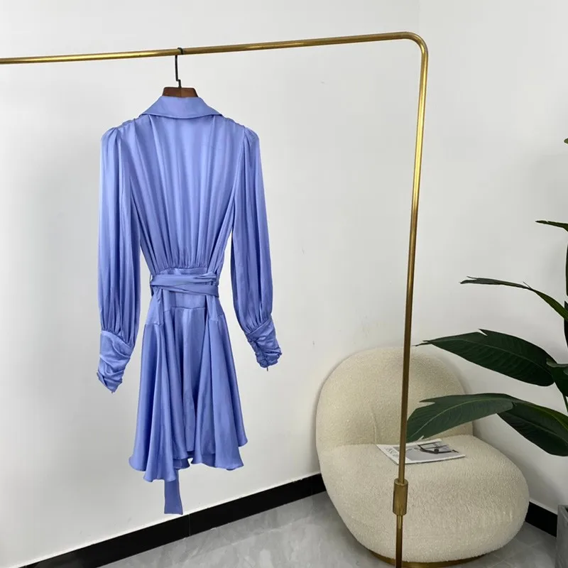 

2021 New Summer Ladies Fashion A-line Solid Self-tie Waist Belt Long Sleeve High Quality Silk Mini Dresses