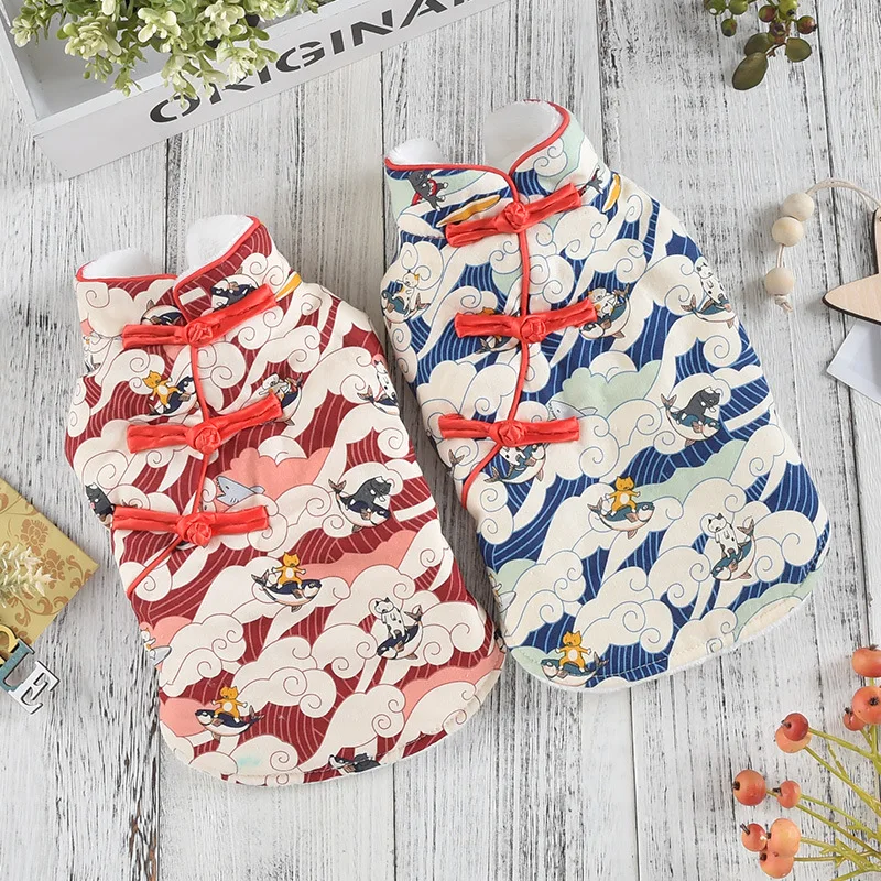 

Новинка 2021, одежда для домашних животных, бархатный костюм-Ципао с рыбой, каждый год, новогодний костюм