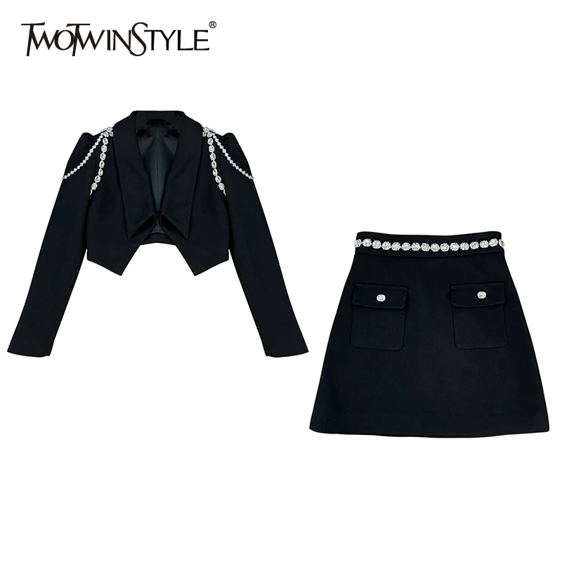 

TWOTWINSTYLE Sweet Two Piece Sets For Women Notched Loose Long Sleeve Short Tops Mini A Line Skirts Female 2021 Autumn Clothing
