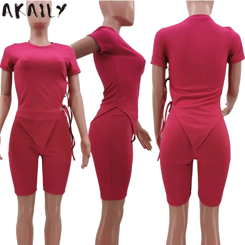 

Akaily Streetwear Solid Bandage 2 Two Piece Sets Women Black Matching Set Female Sleeveless Hollow Out Crop Top Shorts Sets 2021