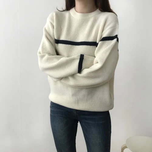 Простой повседневный Свободный вязаный Однотонный свитер в полоску для колледжа