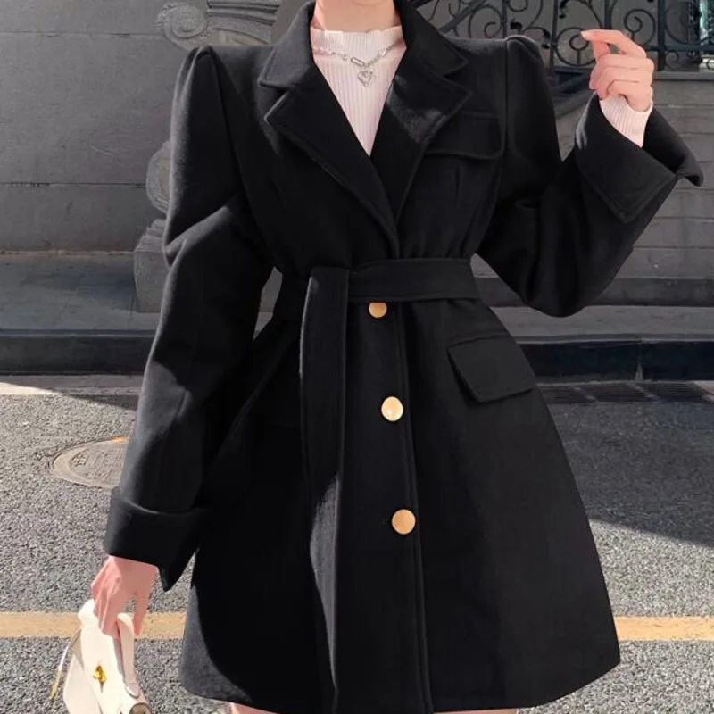 

Women Coat 2021 Winter New Design Bubble Sleeve Loose Waist Lace Up Wool Suit Coat Cardigan Blouse Women