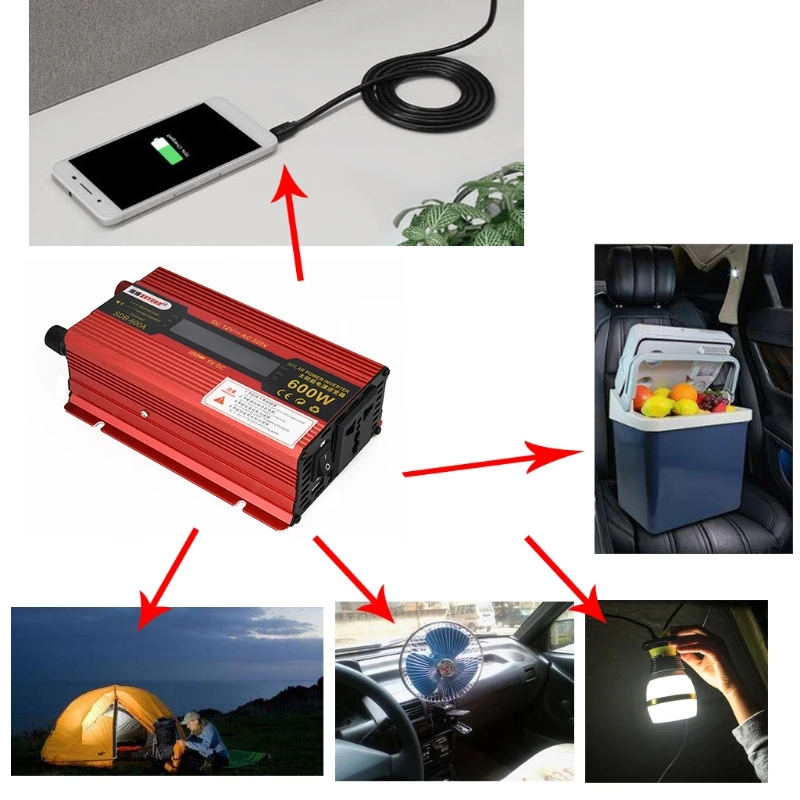 

600W Car Inverter DC 12V/24V to AC 110V/220V Voltage Converter Short Circuit Protection Auto Adapter with LCD Display