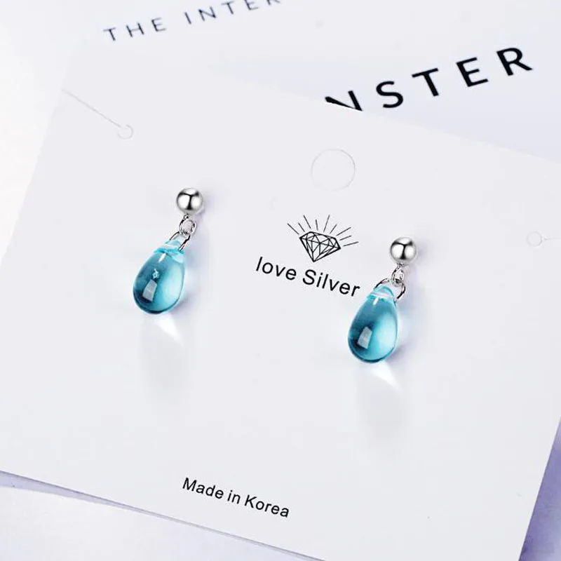 

New Fashion Literary Blue Crystal Water Drop Earrings For Women Short Clavicle Silver Plated Jewelry Girl