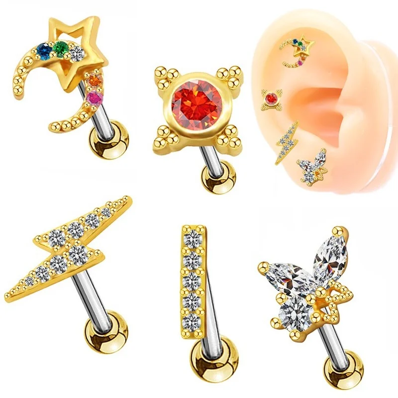 

2pc Women Fashion Earring Stainless Steel Zircon Ear Studs Ear Bone Nails Heart-shaped Love You Chain Ear Studs Piercing Jewelry