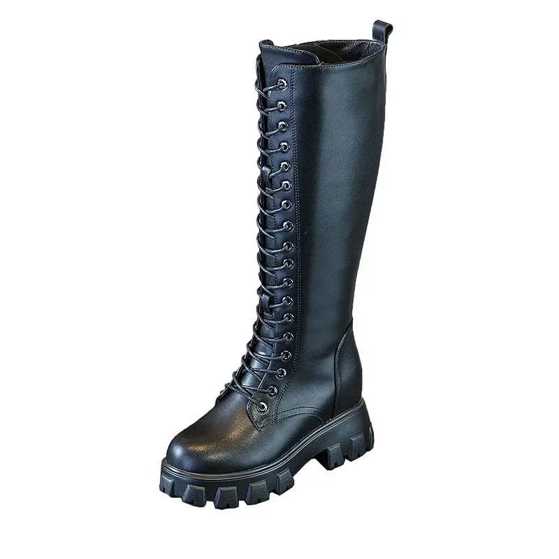 

2020 New Fashion Women's Cross Strap PU Leather Boots Fall/winter Knee High Boots Ladies Thick Sole Thick Sole