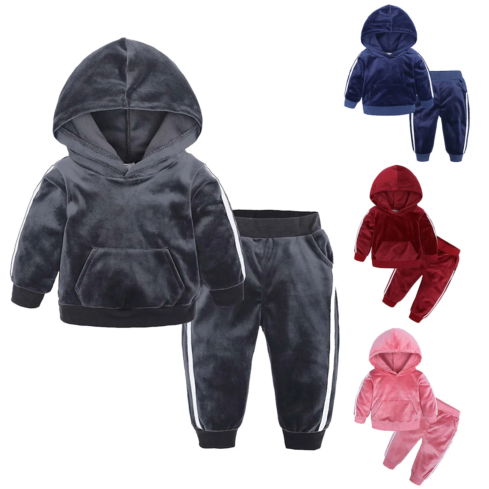 

2pcs/set Baby Girls Clothes Winter 2021 Newborn Fleece Solid Color Pocket Hoodie Boy Sets Baby Clothes conjuntos de menina E1