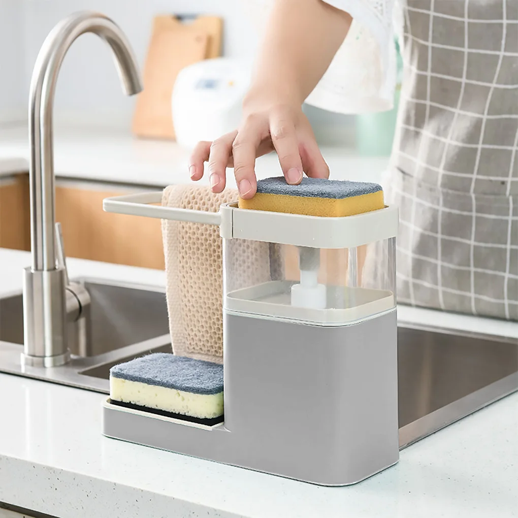 

Two In One Sponge Drain Soap Dispenser With Sponge Pump Dispenser Wipe Arrangement Rack Dish Towel Hanger Kitchen Storage Holder