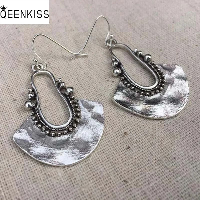 

QEENKISS EG6305 2022 Fine Jewelry Wholesale Fashion Woman Girl Birthday Wedding Retro Sector Antique Silver Drop Earrings