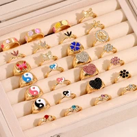 just feel 2 pcsset fashion sweet multicolor enamel crystal ring cute smiley star flower yin yang rings wedding party jewelry