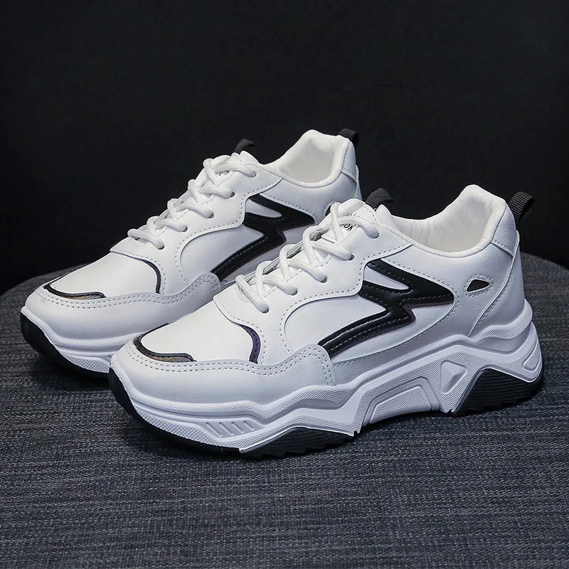 

Daddy Shoes Women's 2020 Autumn New Leather Running Sneakers Breathable All-Match Platform White Women's Shoes