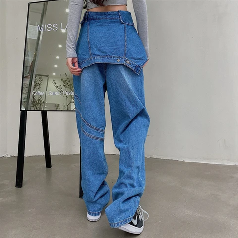 Джинсы женские с имитацией двух предметов, дизайнерские стильные брюки из денима с завышенной талией и широкими штанинами в стиле Харадзюку, Повседневная Уличная одежда, синие длинные штаны в стиле ретро