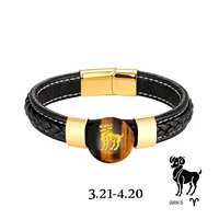 2021 new natural tigers eye stone 12 constellation carved gilt vintage jewelry mens 316l stainless steel leather rope bracelet