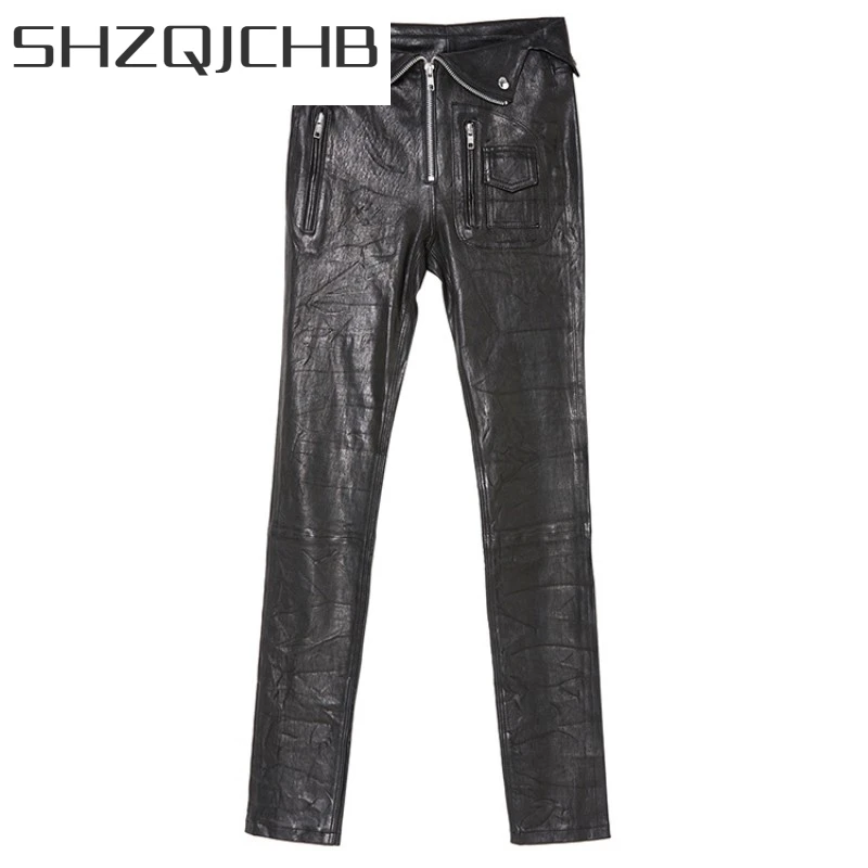 

JCHB 2021 New Genuine Leather Trousers Women Soft Sheepskin Real Leather Pencil Pants Lady Skinny Slim Harajuku Pants Female Aut