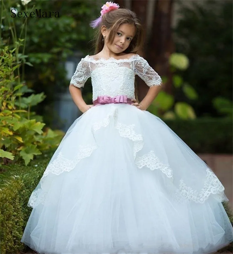 Off Shoulder Flower Girl Dresses Ball Gown White Lace Appliques Tulle Long Train Kids Clothes First Communion Gown