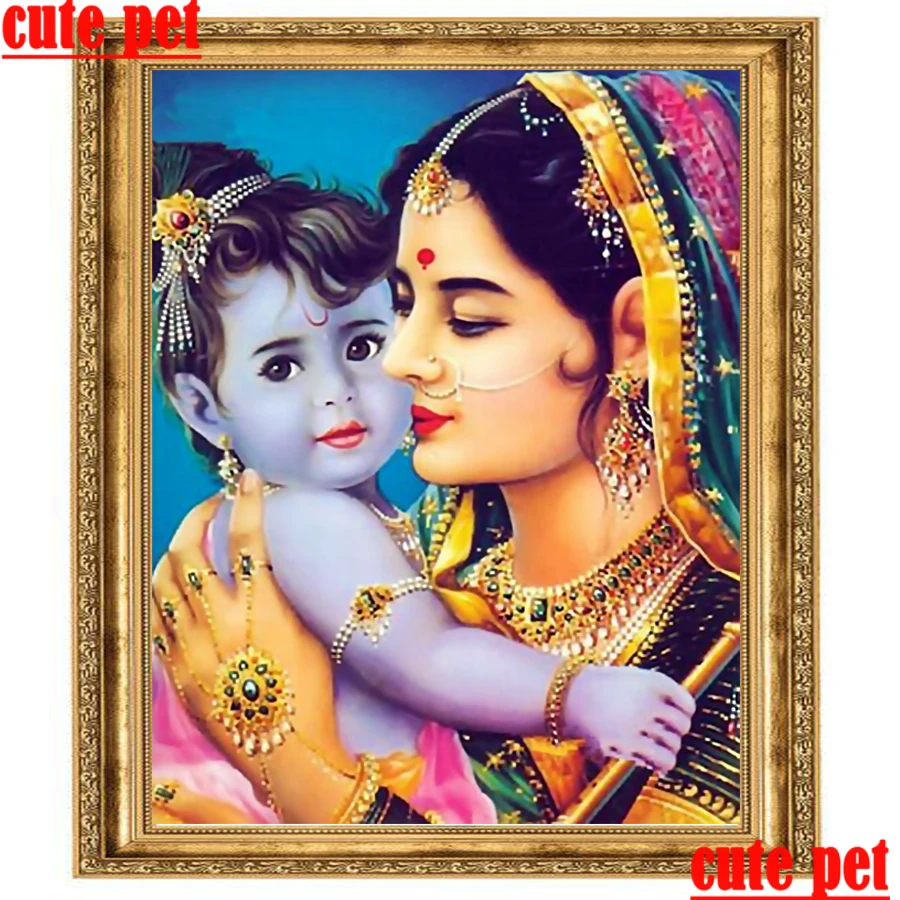 

round square Painting drill Indian style cross stitch diy Mosaic Woman child diamond embroidery wallpaper decoration No Frame
