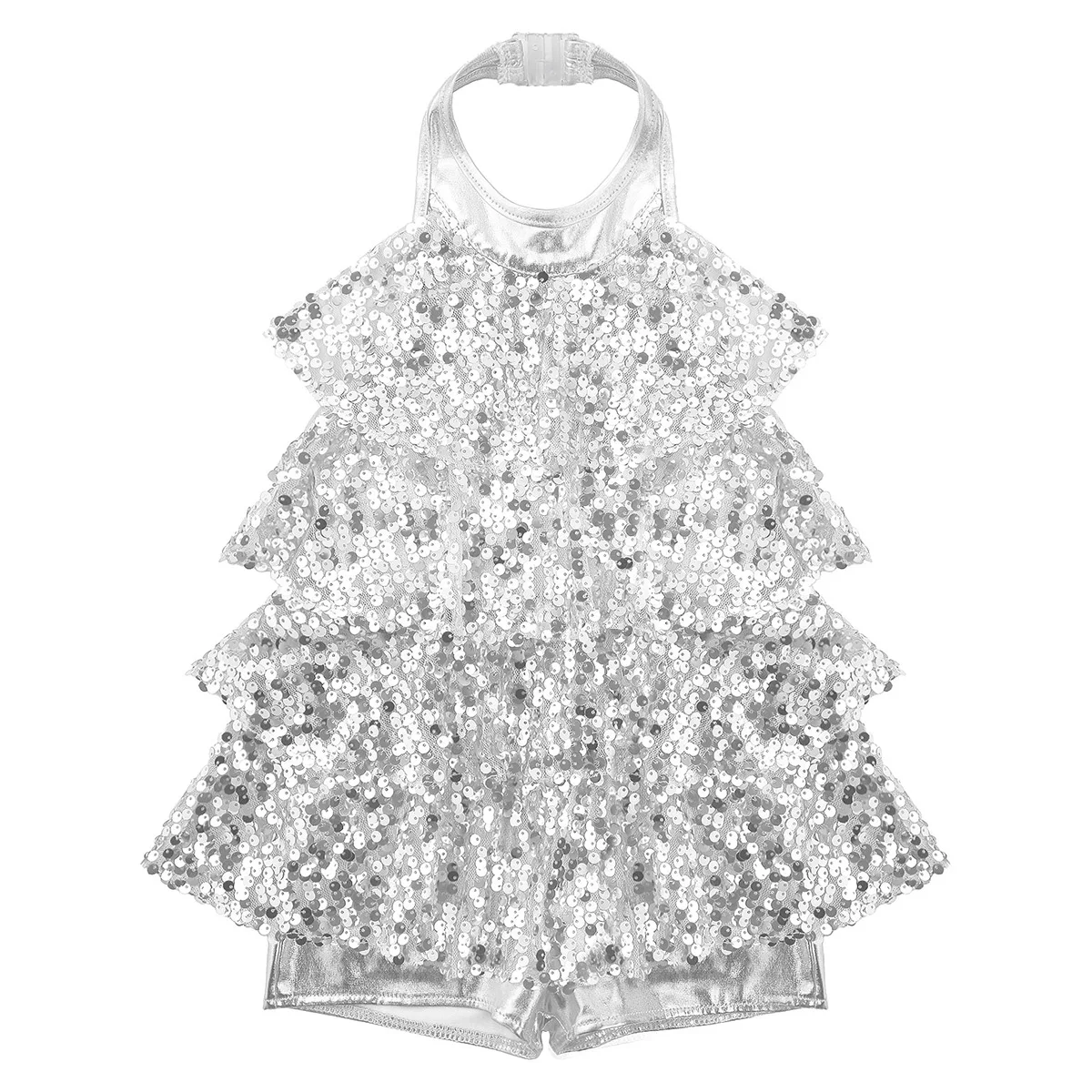 Kids Girls Halter Shiny Sequins Shorty Unitard Dress Ballet Dance Gymnastics Modern Jazz Latin Dancing Costumes  Rave Outfits