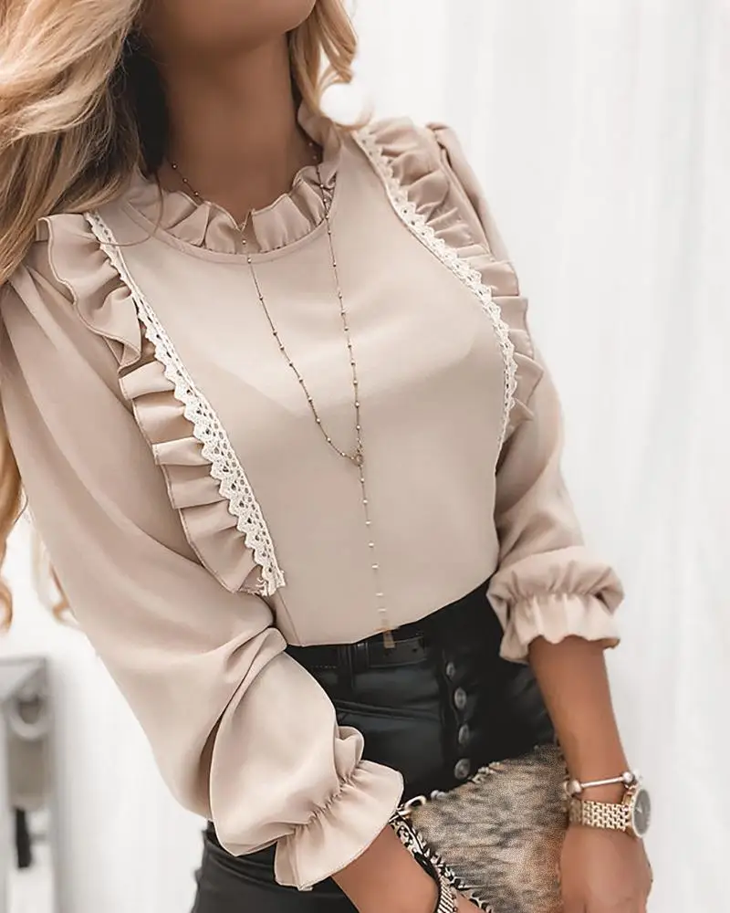 

Autumn Spring Blouse Women Splicing Lace Trimming Ruffled O-Neck Shirt Office Ladies Long Sleeves Slim Fit Tops Elegant Blouse
