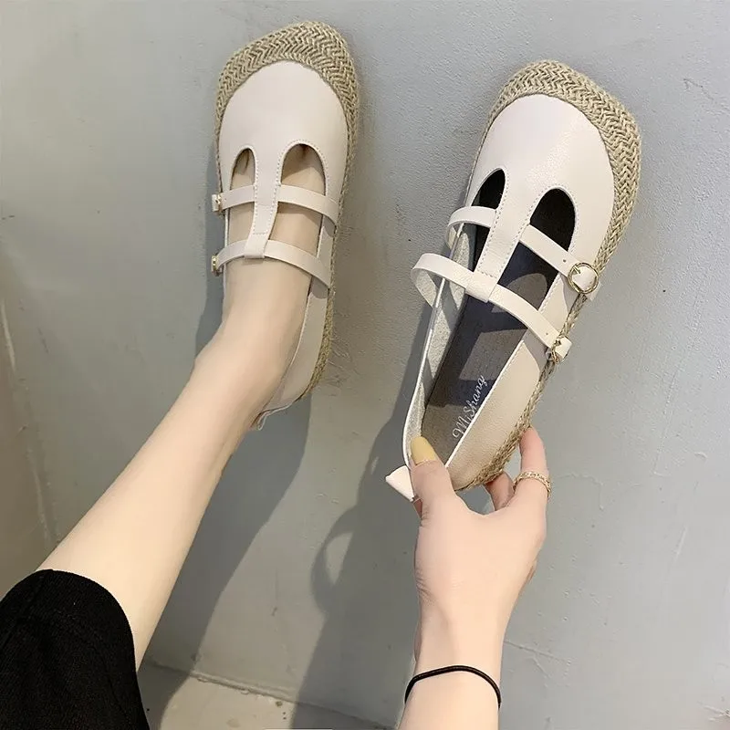 Sports White Women's Shoes College Style Black Leather Shoes with Buckle Mary Jane Shallow Shoes