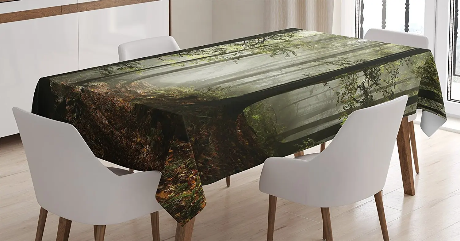 Фермерский дом Декоративная скатерть Темный лес дорога окруженный туман солнце