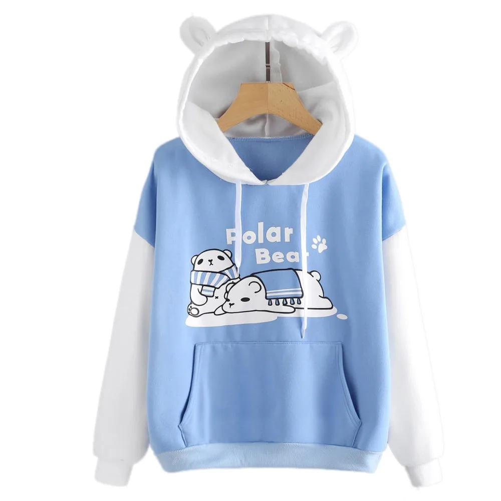 Hoodies Women Fashion Long Sleeve Sweatshirt Cute Bear Print Pocket Hoodie Streetwear Women Oversized Hoodies Moletom Feminino