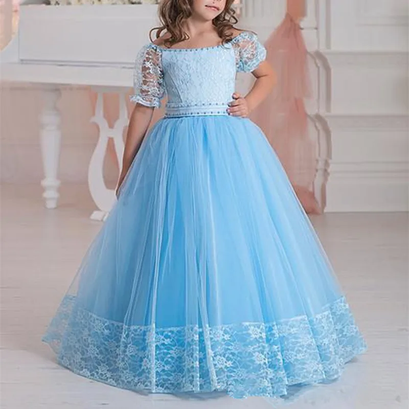 

Платья для девочек с цветочным принтом, с открытыми плечами, короткими рукавами, кружевными аппликациями, ТРАПЕЦИЕВИДНОЕ детское праздничное платье, официальная одежда, на шнуровке, пышное платье для девочек