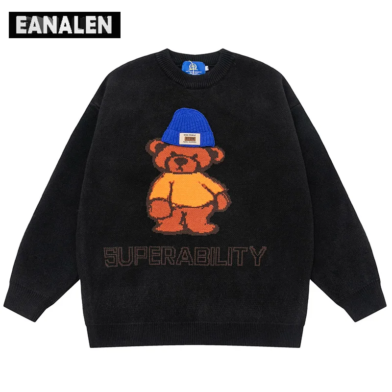 

Винтажный свитер в стиле Харадзюку с изображением милого медведя, мужской вязаный пуловер оверсайз в стиле аниме, женский джемпер, свитер с ...