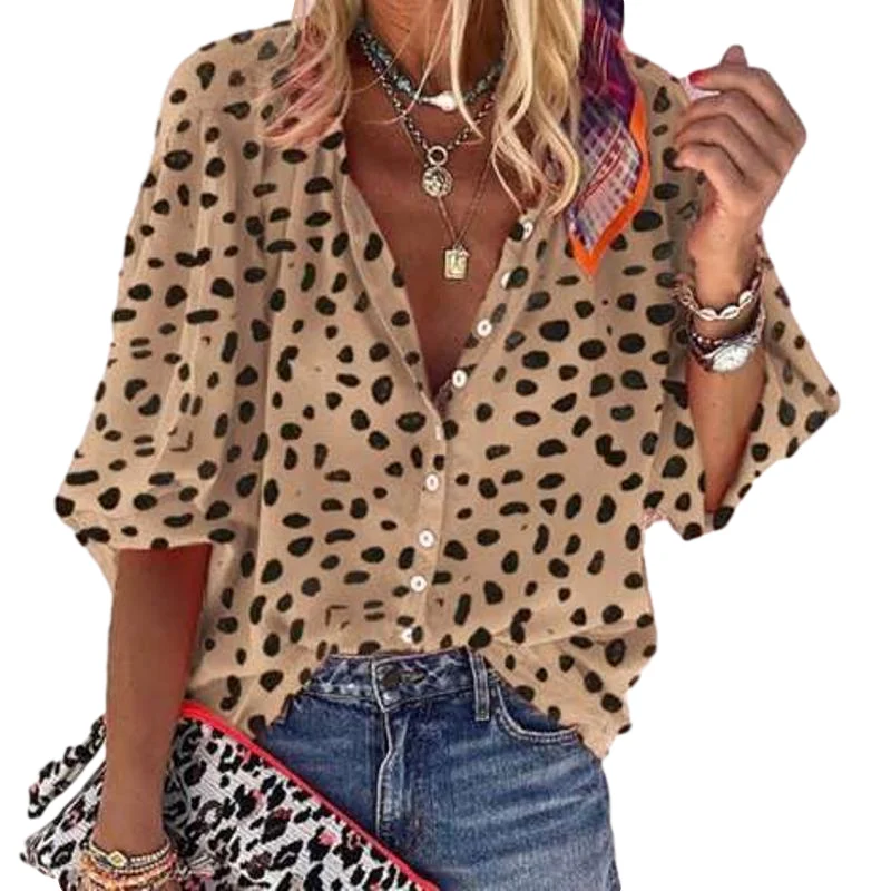 

Женская блузка в горошек, Повседневная Блузка в винтажном стиле с полурукавами и воротником-стойкой, на пуговицах, модель Y1185A на лето, 2020