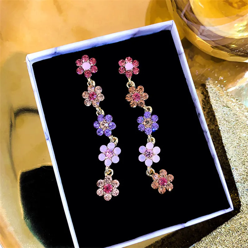 

Luxury Female Rainbow Crystal Drop Earrings Classic Gold Color Wedding Earrings For Women Cute Flower Long Dangle Earrings