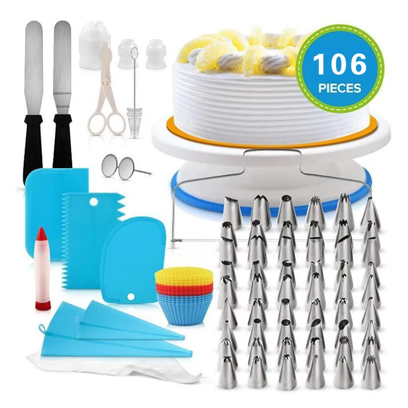 

106Pcs / Set Cake Turntable Cake Decorating Tools Kit Turntable Baking Tool Piping Nozzle Pastry Bag Set Baking Supplies Sets