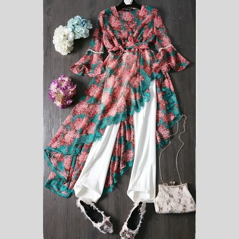 

Women Elegant PrintedChiffon Shirts Irregular Stitching Lace Side Tie Bowknot V-neck Bell Sleeve Chiffon Blouse Women Plus Size