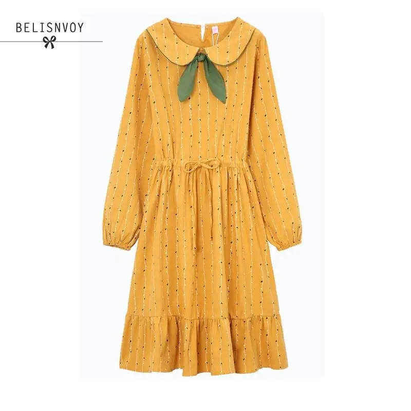 

Spring Autumn Japanese Mori Girl Sweet Ruffles Dress Bowknot Women Peter Pan Collar Long Sleeve Floral Printed Vintage Dresses