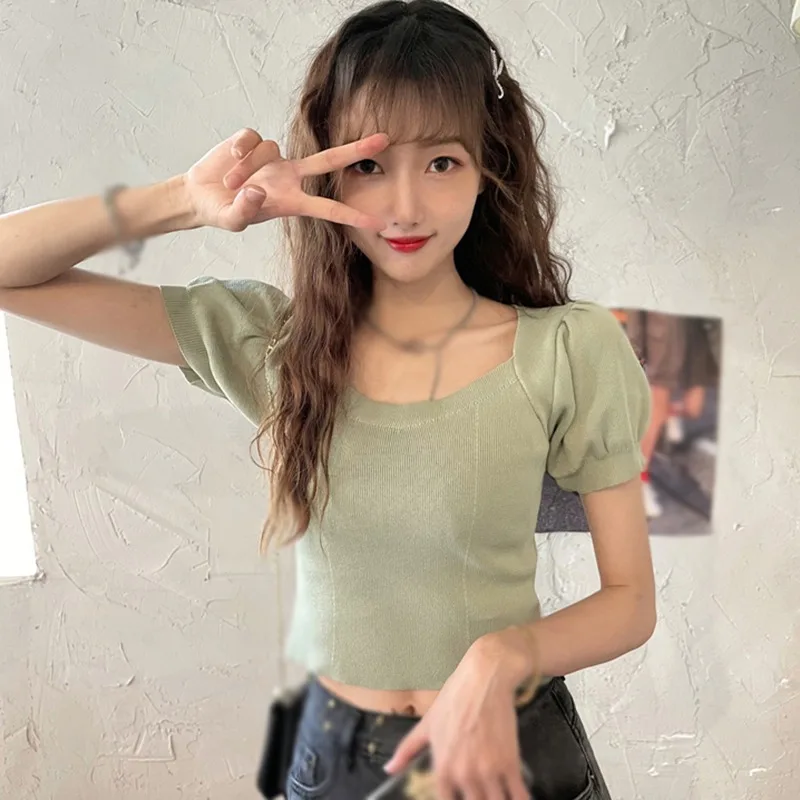 

Ladies Slim T-Shirt Knitted Chic Crop Tops Summer Solid Women Short Sleeve Square Collar Tee Shirt