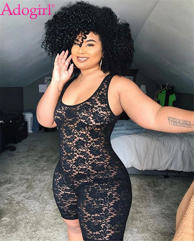 Adogirl размера плюс L 4XL прозрачный кружевной комбинезон на бретелях сексуальные