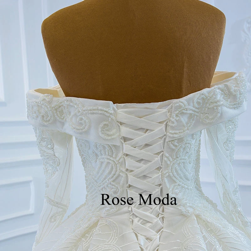 

Rose Moda Luxury Off Shoulder Long Sleeves Lace Wedding Dress Princess Ball Gown Custom Make