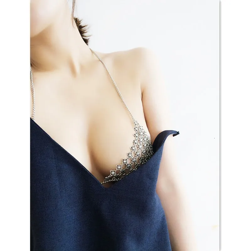 Модный винтажный Женский Топ Бикини Chainmaille, сексуальный бюстгальтер-бикини с цепочкой для тела, сетчатый цветочный бюстгальтер с v-образным вырезом, ожерелье из сплава, цепочка для тела