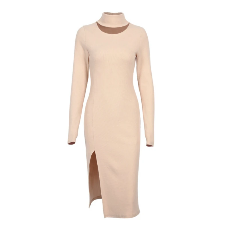 

2021 Spring Cotton Khaki Knitted Long Sleeve Women Lady Split Loose Casual Sweater Dress 220