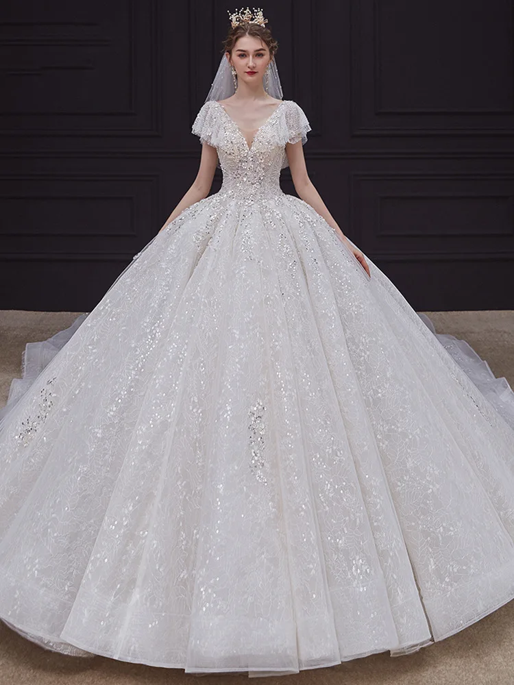 

Vestido De Noiva 2021 Sexy V-neck Court Train Ball Gown Princess Luxury Lace Embroidery Wedding Dresses Customize