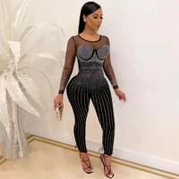 black sheer mesh patchwork hot rhinestone jumpsuit woman long sleeve see through night club party one piece overall sexy outfits