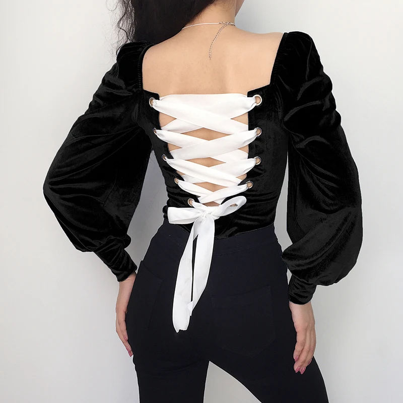 

New Sexy Backless Panelled Lace Up Square Collar Velvet Bodysuits Women 2019 ELegant Long Sleeve Open Crotch Bodysuit Tops