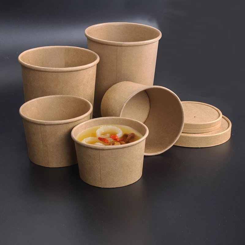 

50pcs Thicken round kraft paper takeaway packaging cup 8oz 12oz 16oz disposable lunch box soup porridge paper cup with lid