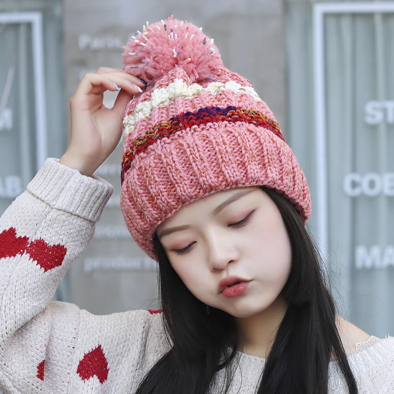 2021 New Korean Women's Hat Winter Plus Velvet Cold-Proof Ear Protection Woolen Fashion Color Matching Thick Knitted | Аксессуары