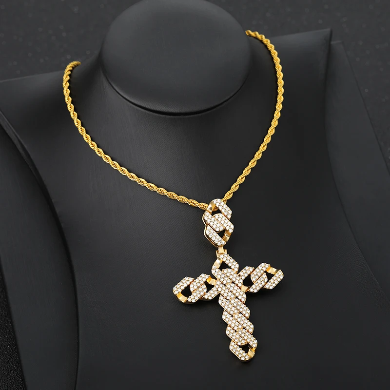 

Iced Out Cross Pendant Choker Necklace For Men Women Gold Color Zircon Jesus Twist Long Chain Male Necklaces HipHop Punk Jewelry