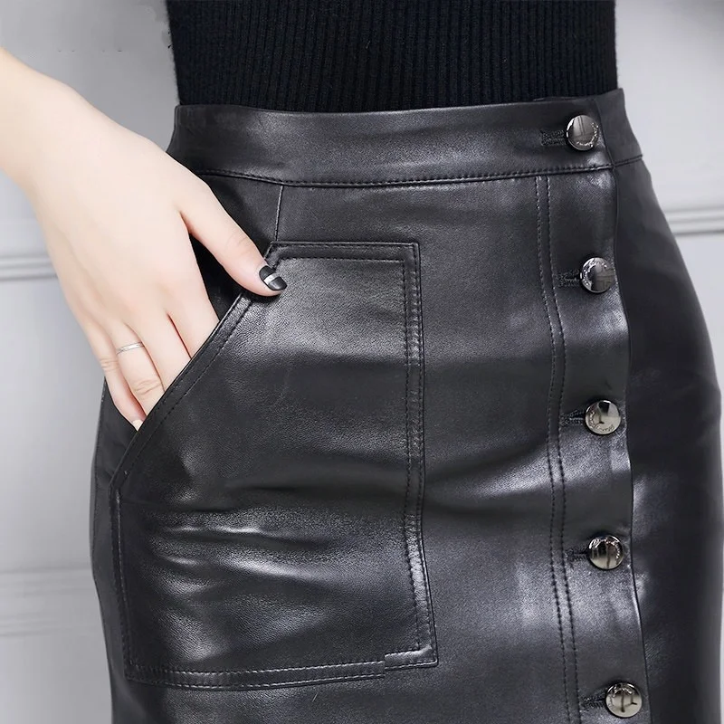 

Ol, high-waisted female skirt, midi wrap, top-notch, stylish, royal leather, sheep skin skirt, fashion, pocket, black skirt,